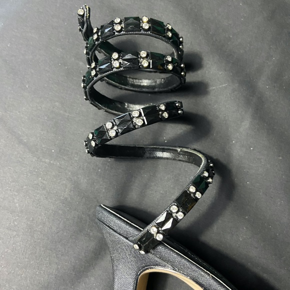 Retro Black Satin Heels with Beaded Leg Design - Picture 3 of 5